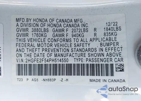 2023 Honda Civic Sport из США, поврежденный, VIN 2HGFE2F54PH514550